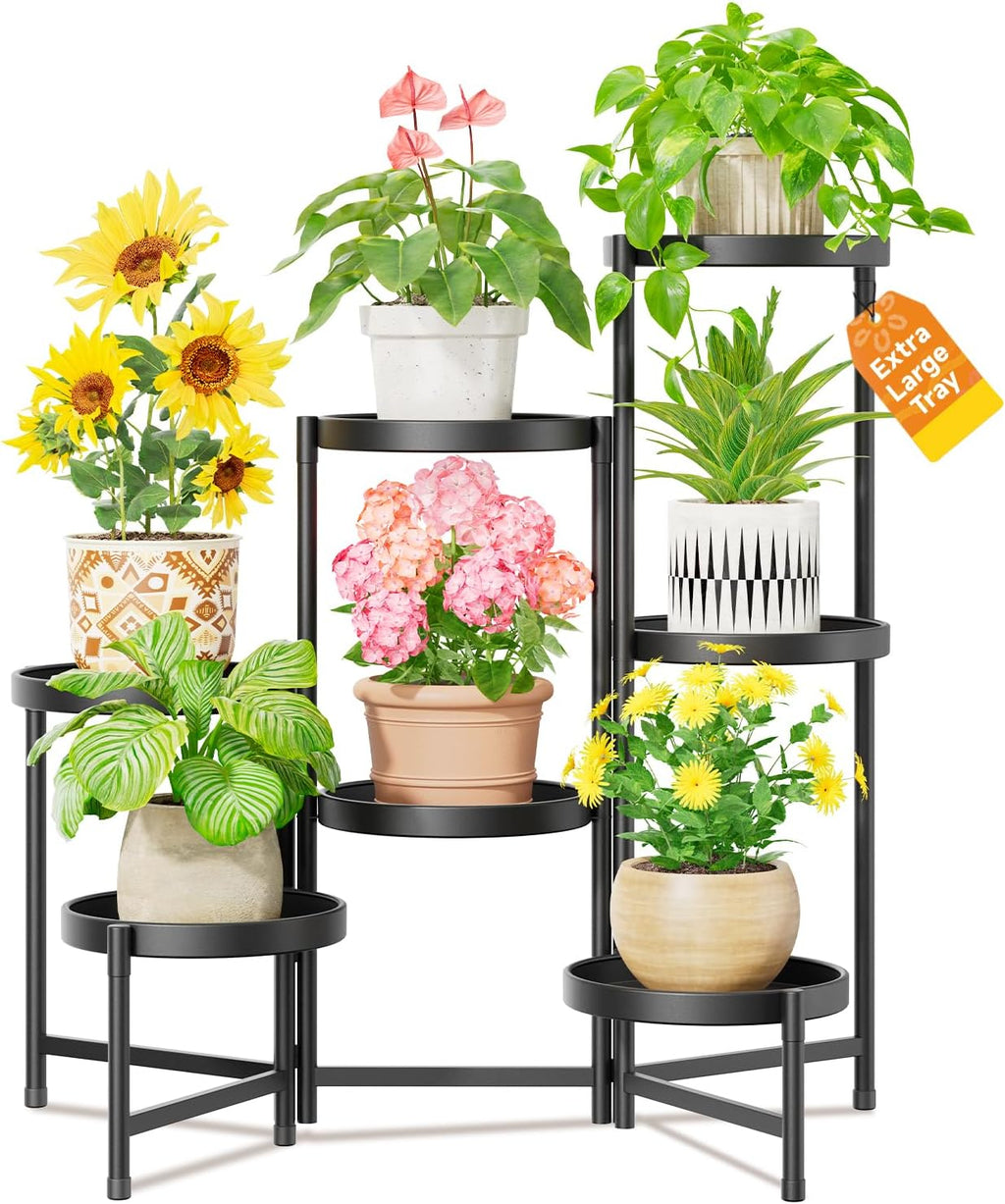 LASZOLA 7 Tiered Folding Plant Stand Indoor for Multiple Large Planter, Tall Heavy Duty Adjustable Rack with Rust Proof 10 Inch Wide Tray, Sturdy Vertical Tree Organizer for Narrow Inside Floor, Black