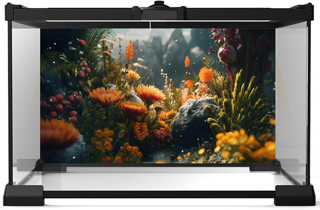 Foggy Stone Terrarium Background Green Seaweed Scenery Orange Floral Aquarium Background Durable Reptile Habitat Flower Background Mysterious Tank Backdrop Vinyl 72x18in