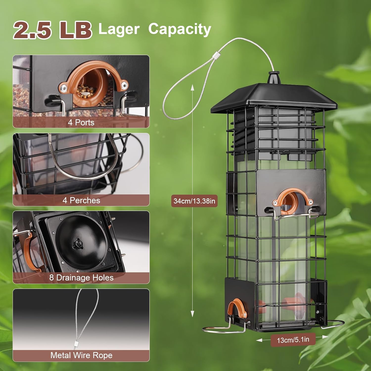 Squirrel Proof Bird Feeder - Metal Outdoor Design with 4 Feeding Ports, Wild Bird Feeders for Outside, 2.5lb Large Capacity, Ideal Gift for Bird Lovers