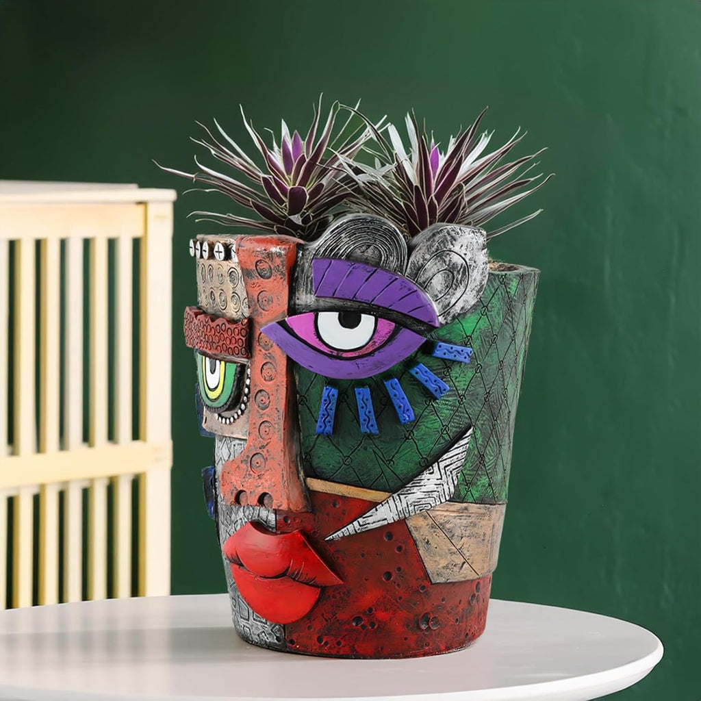Picasso-Inspired Abstract Face Flower Pot | Unique Head Planter with Drainage Hole | Vibrant Colors & Quirky Art Decor (Abstract Human face)