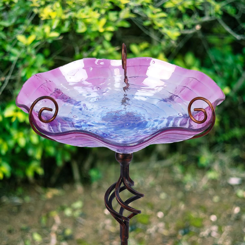 MUMTOP 31 Inch Height Glass Birdbaths, Outdoor Bird Bath Birdfeeder with Metal Stake Garden Yard Outside, Purple