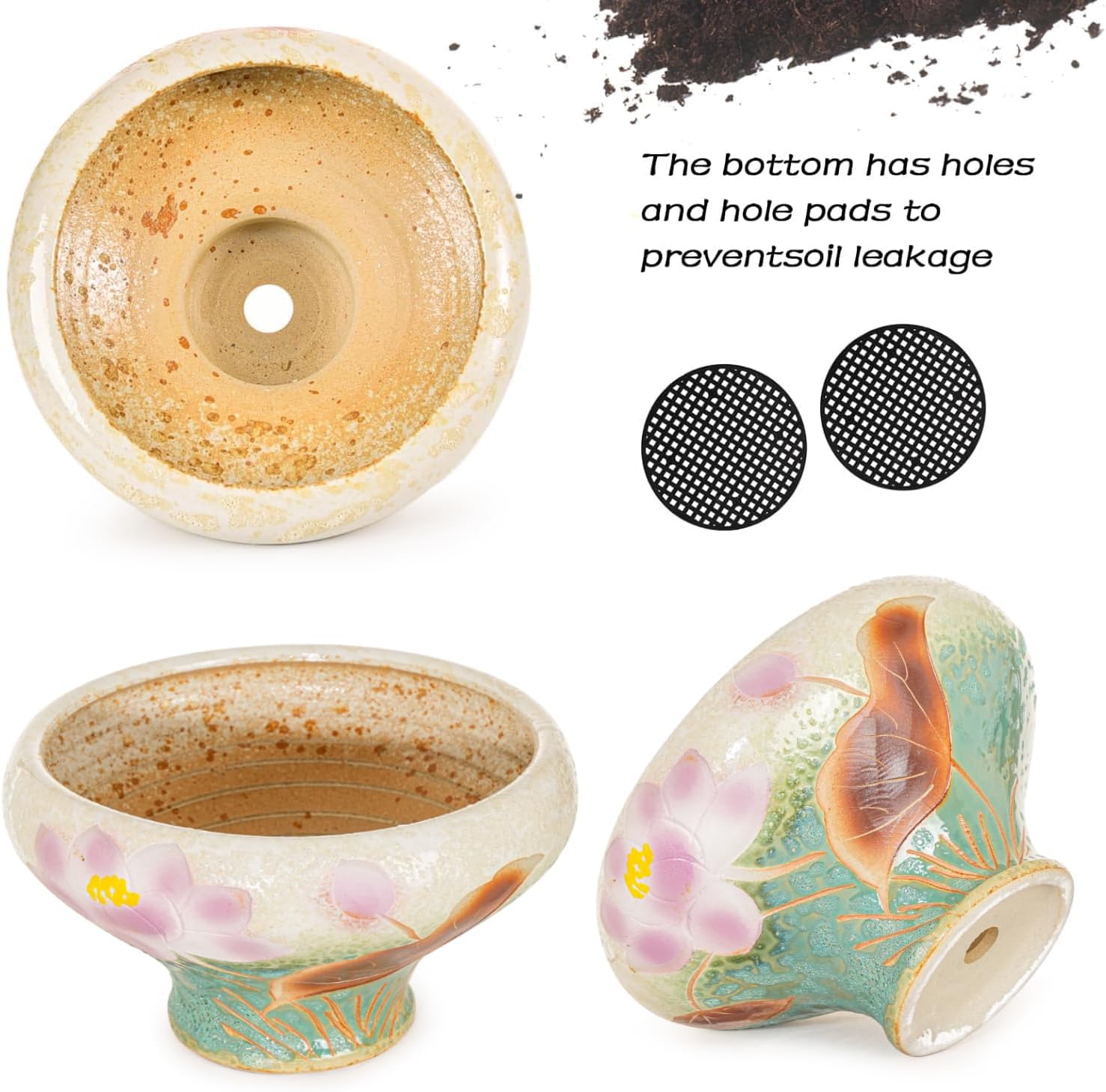 Sungmor 9.6 Inch Large Succulent Plant Pots, Pretty Hand Painted Ceramic Planter with Drainage, Indoor Outdoor Cactus Planter Bonsai Pot, Flower Pot for Indoor Plants Garden Windowsill Desktop Decor