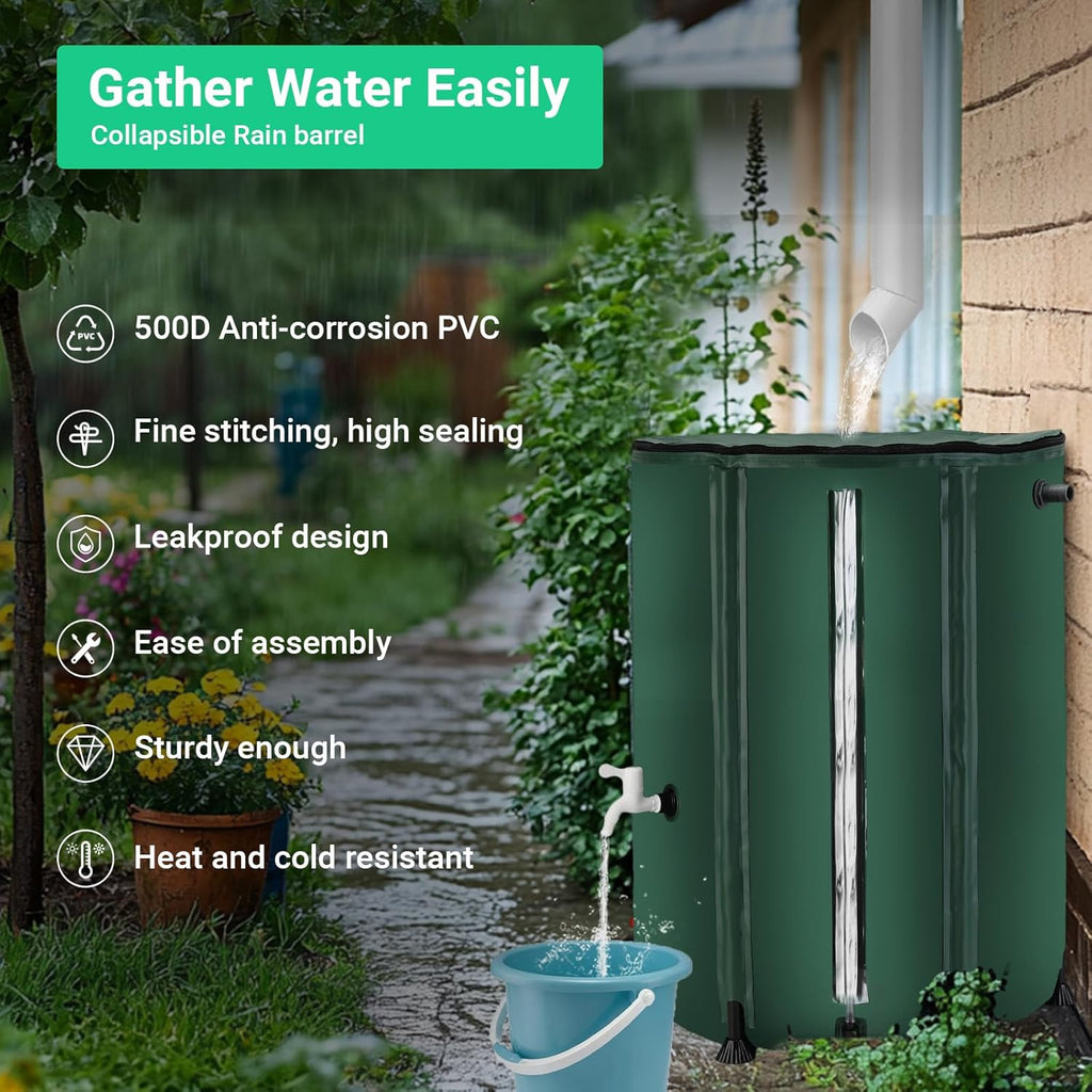 50 Gallon / 200L Rain Barrel, Collapsible Rain Barrels to Collect Rainwater from Gutter with Spigots and Overflow, 500D PVC Portable Rain Water Collection Catching System, Water Catcher Tank