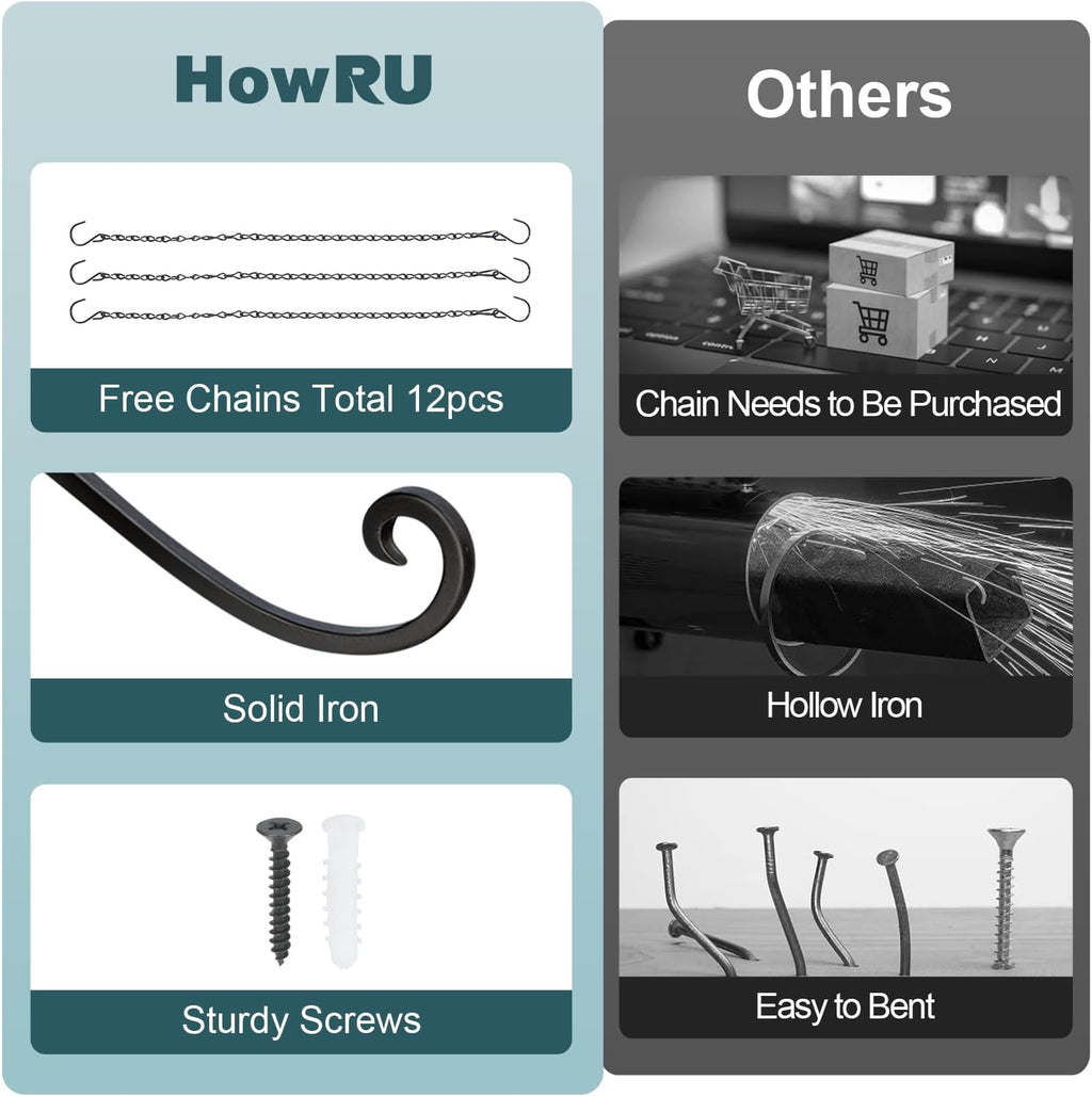 Plant Hangers Outdoor, 4 Pack 16 Inch Plant Hooks with 12 Chains for Wall Metal Plants Hanging Bracket for Bird Feeder, Flower Baskets, Wind Chimes, Lanterns, Indoor Outdoor, Black