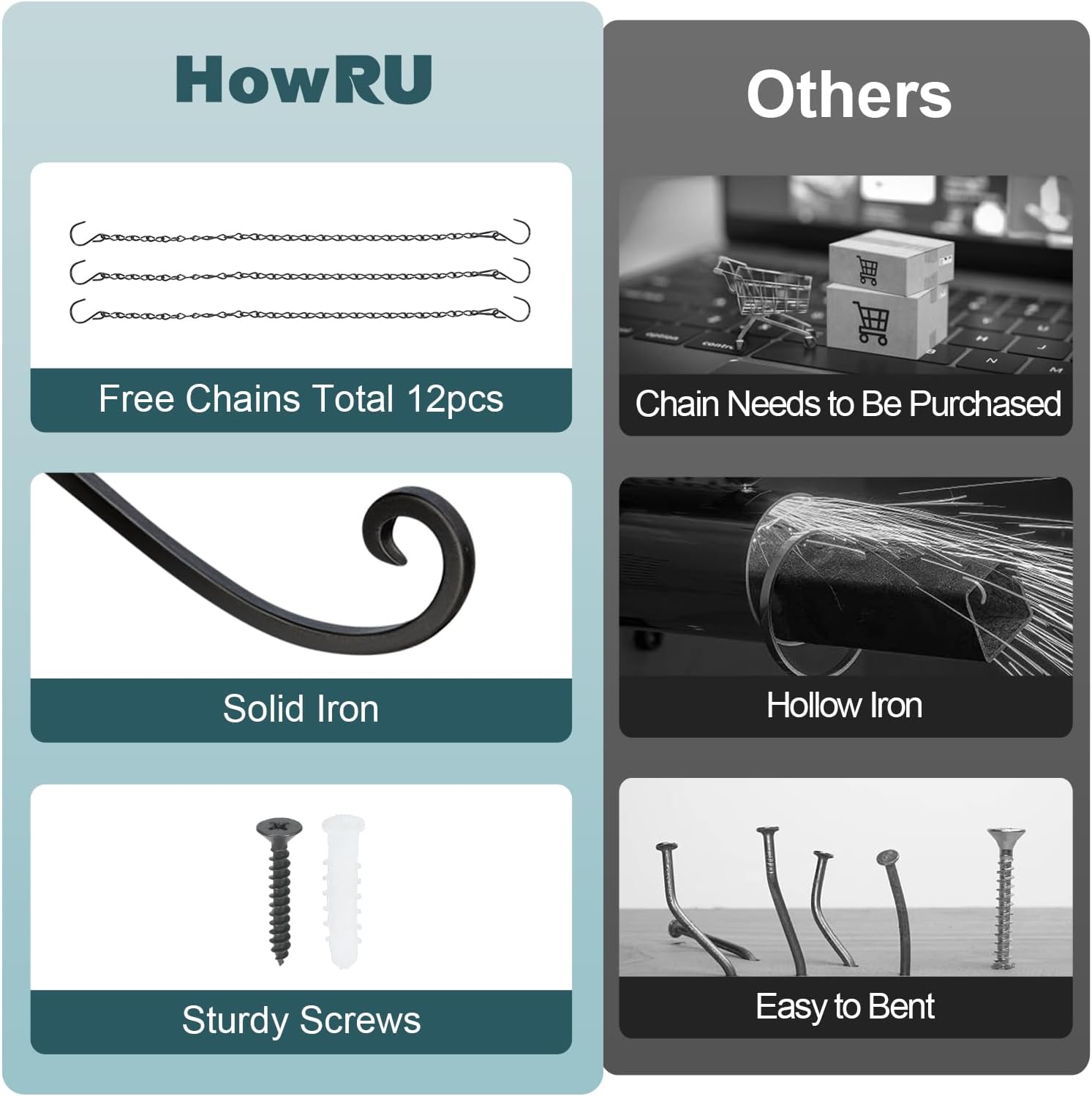 Plant Hangers Outdoor, 4 Pack 12 Inch Plant Hooks with 12 Chains for Wall Metal Plants Hanging Bracket for Bird Feeder, Flower Baskets, Wind Chimes, Lanterns, Indoor Outdoor, Black