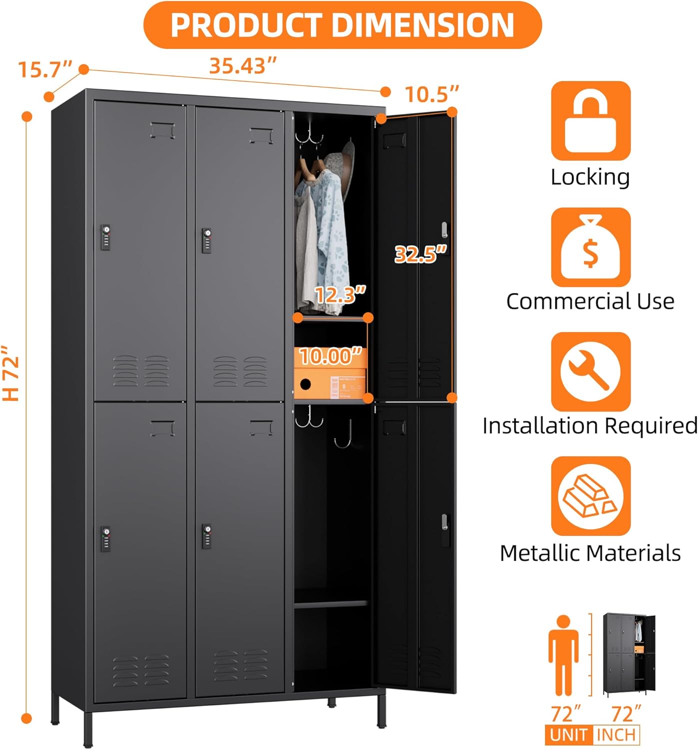 6 Doors Metal Lockers for Employees with Combination Locks and 6 Shelves, Storage Locker with 18 Hooks and Business Card Holder for Office Gym School Bedroom, Assembly Required, Black