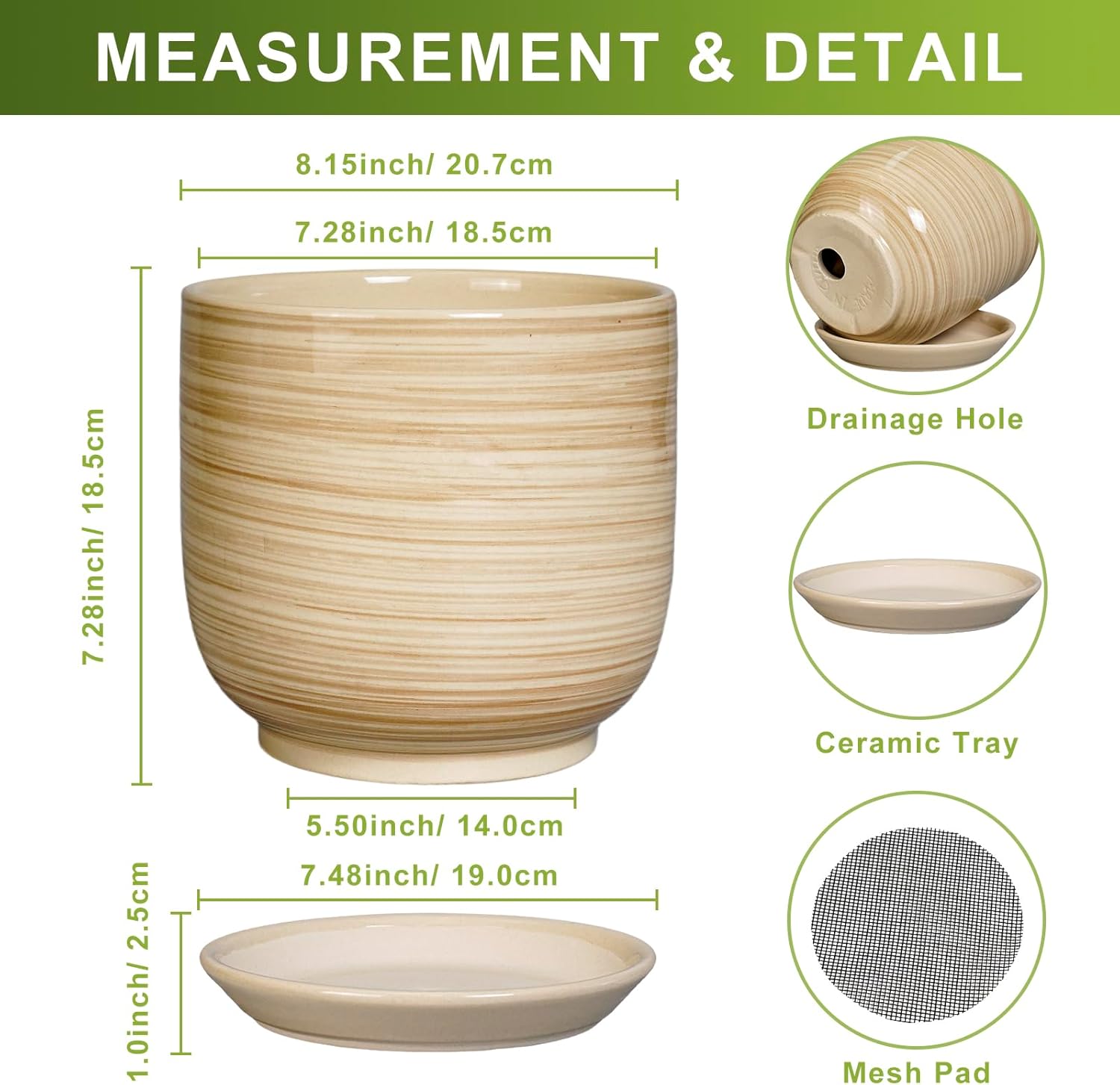 Indoor Plant Pot 8 Inch - Cylinder Modern Ceramic Planter for Indoor Outdoor Plants with Drainage Hole and Saucer, House Office Home Room Desk Decor, Yellow