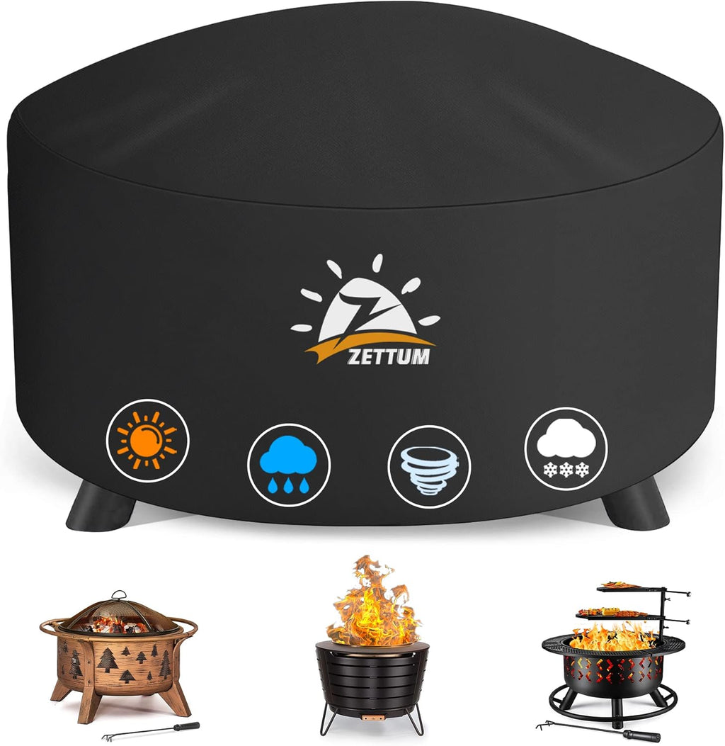 Fire Pit Cover Round 32 Inch - Outdoor Firepit Cover Heavy Duty & Waterproof, 600D Patio Fire Table Cover Gas Fire Pit Accessories Fade & Weather Resistant - 32 x 32 x 16 Inch