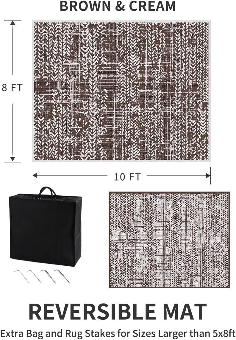 MontVoo Outdoor Rug 8x10 Waterproof-Patio Rug Mat Outdoor Carpet Reversible RV Camping Picnic Plastic Straw Rug Outside Outdoor Area Rug for Balcony Deck Backyard Patio Decor Boho Modern Brown