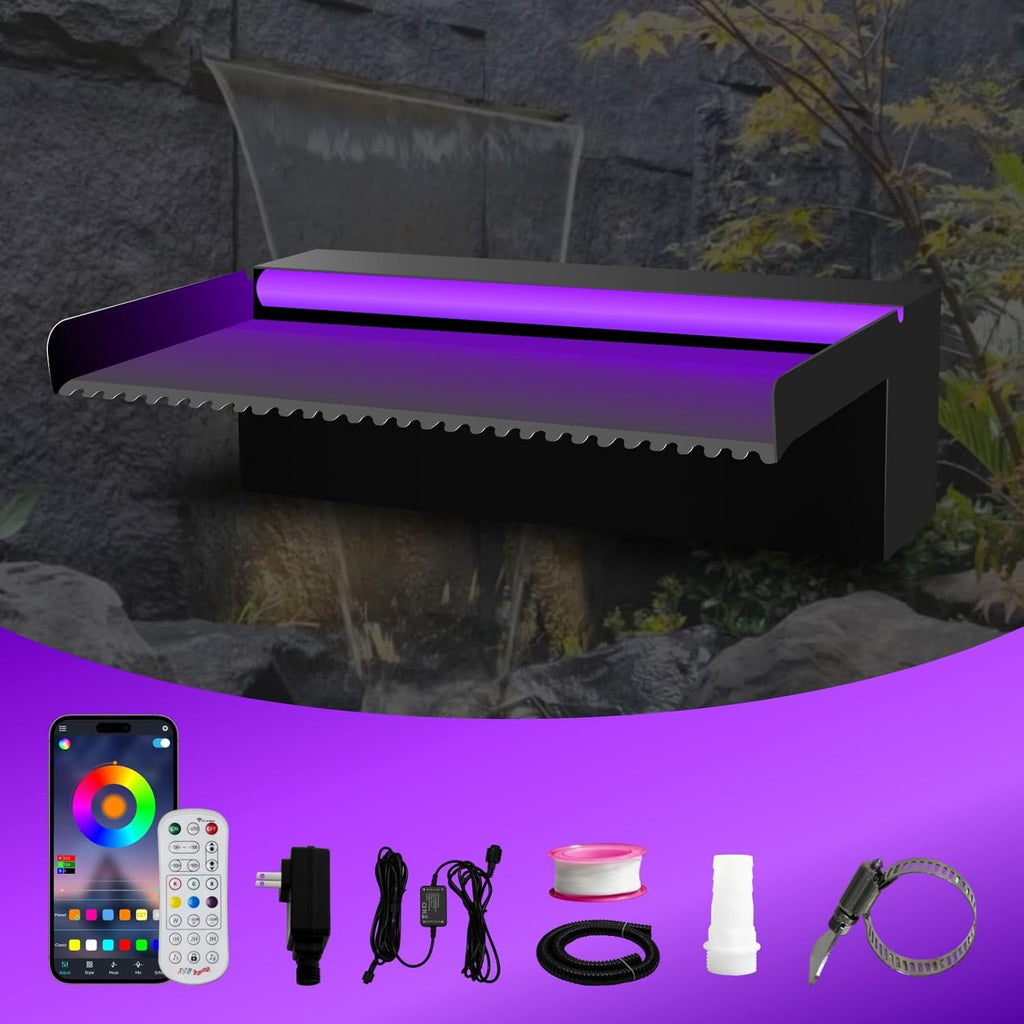 Pool Waterfall Spillway Stainless Steel Pond Fountain, APP Control Colorful LED Lighted Outdoor Black Fountains, Water Flow Spillways Kit for Koi Pond, Swimming Pool, Garden-11.8"x7.8"x3.9"