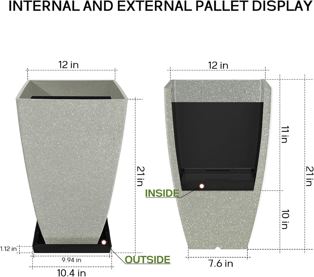 Set of 2 Large Tall 21 Inch Planter Pots Indoor/Outdoor-Matte Grey Square Flower Planters with Tray for Patio, Front Door, Deck | Weather-Resistant & Lightweight Plastic (Grey)