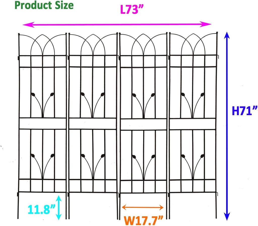 4 Pack Metal Garden Trellis 71" Black Fence Rustproof Garden Trellis for Climbing Plants Support Roses Flower Outdoor Lawn, Black