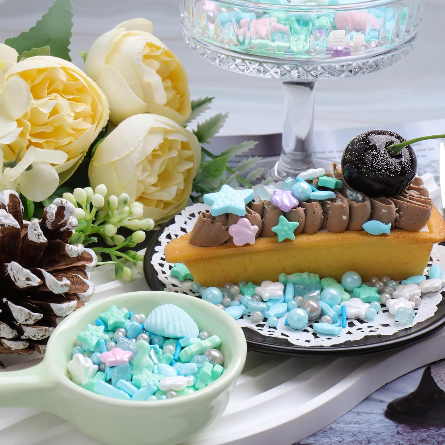 Ocean Sprinkles for Cake Decorating, Shell, Seahorse, Starfish, Fish & Pearl Sugar Mix for Cupcakes Cookies and Ice Cream Toppings