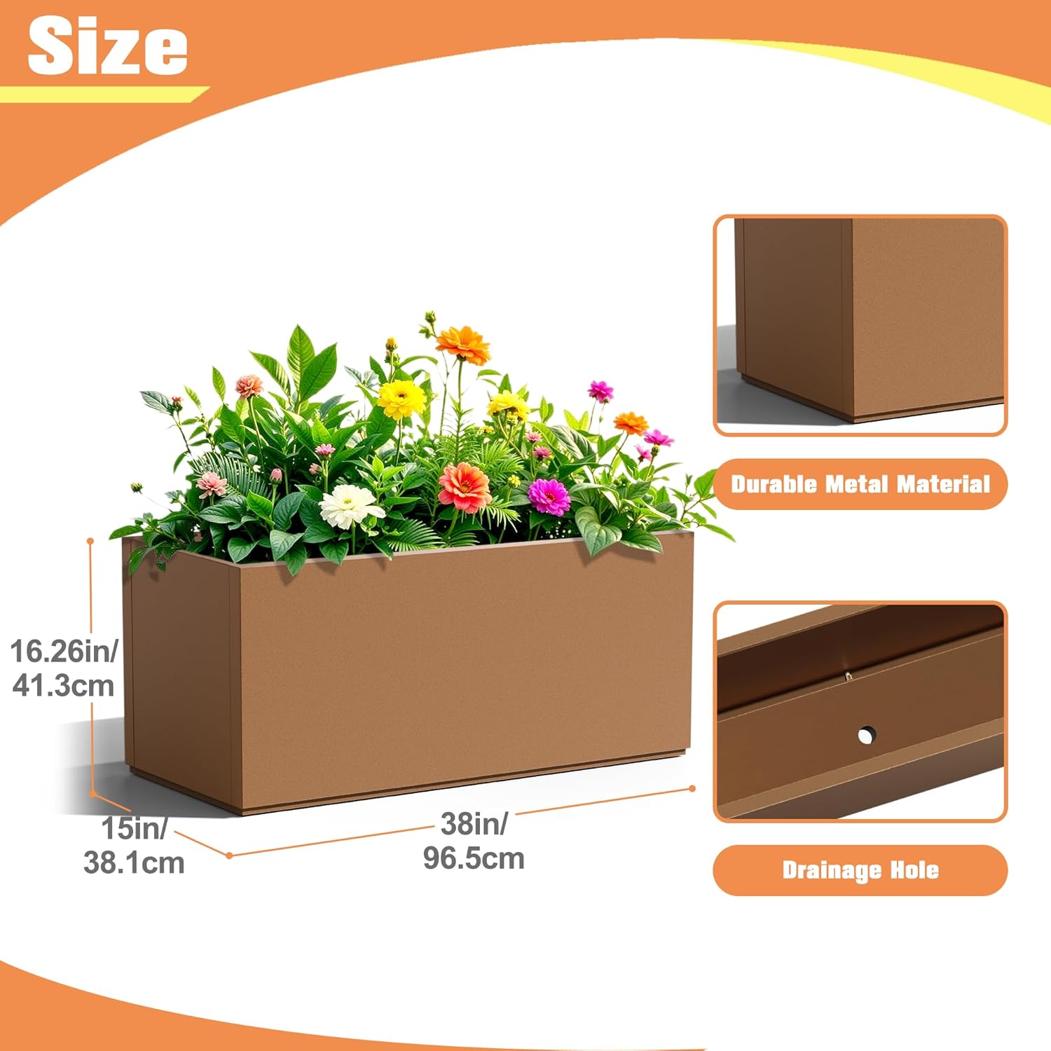 Rectangle Planter for Indoor & Outdoor, Tall and Long Planter Boxes with Drainage Holes, Mental Planter Box All-Weather Use for Plants, Flowers, 38" L x 15" W x 16.3" H, Brown