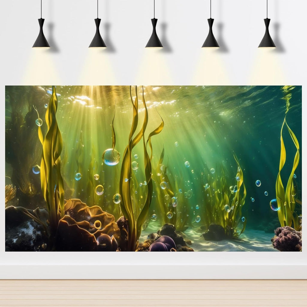 Aquarium Background Underwater Beautiful Coral Reef with Seaweed Bubbles Terrarium Backdrop Aquatic Plants Sunlight Rays Fish Tank Background Tank Aquarium Wallpaper Poster Decor Vinyl 24x12in
