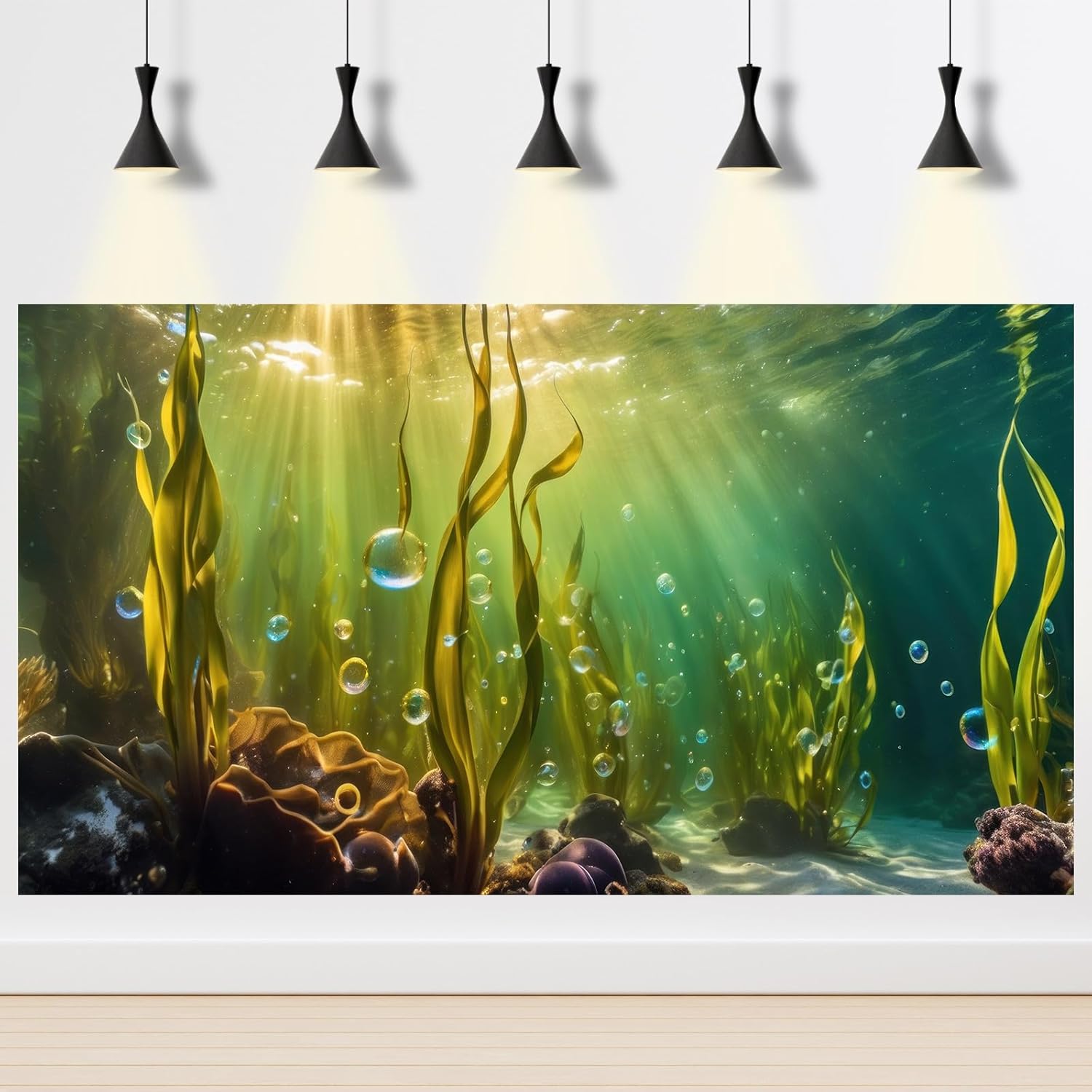 Aquarium Background Underwater Beautiful Coral Reef with Seaweed Bubbles Terrarium Backdrop Aquatic Plants Sunlight Rays Fish Tank Background Tank Aquarium Wallpaper Poster Decor Vinyl 24x12in