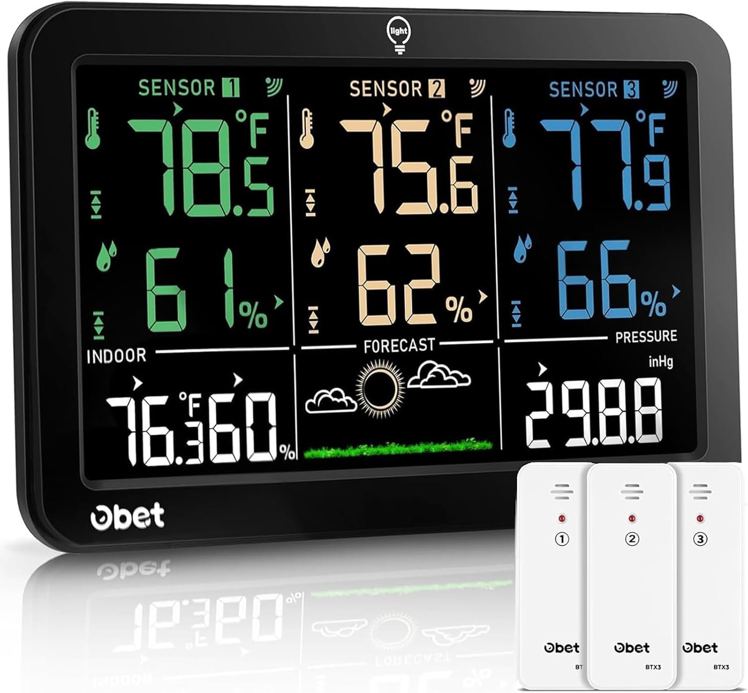 OBET Weather Station Wireless Indoor Outdoor Thermometer with 3 Sensors, Temperature Humidity Monitor with Alerts 500ft Range and 3 Adjustable Brightness