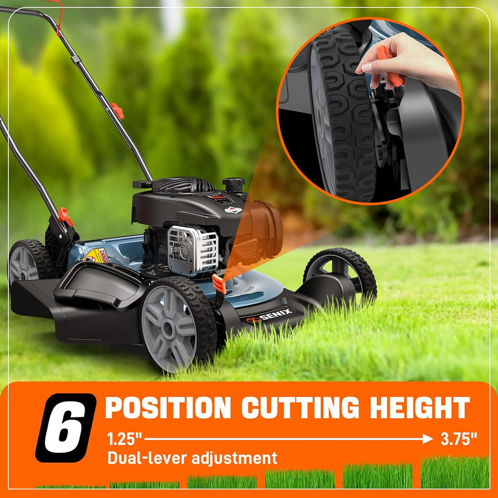 SENIX LSPG-M3 21-Inch Gas Push Lawn Mower with 125 cc 4-Cycle Briggs & Stratton Engine, 2-in-1,Mulching and Side Discharge, 6-Position Dual Lever Height Adjustment