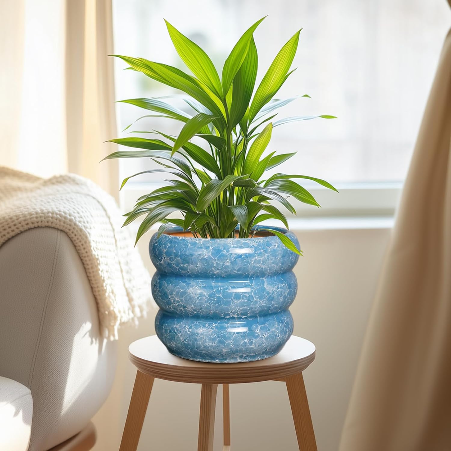 SQOWL 8 Inch Plant Pot with Drainage Hole - Ceramic Pot for Plants Outdoor Planter for Indoor Plants Decorative Plant Pot Medium Flower Pot Round Planter for Bathroom House Decor Blue