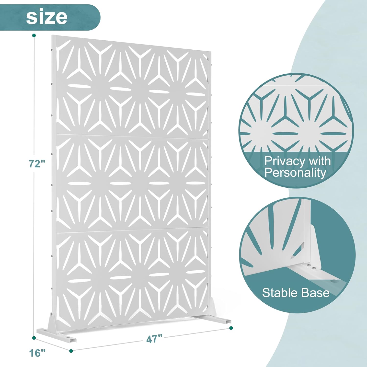 Metal Privacy Screen Outdoor Freestanding Privacy Wall Panels and Decorative Patio Dividers, Crafted from Steel with Sun-Proof Design, Ideal for Patio, Deck, Garden,72" H×47" L,（White&Star）