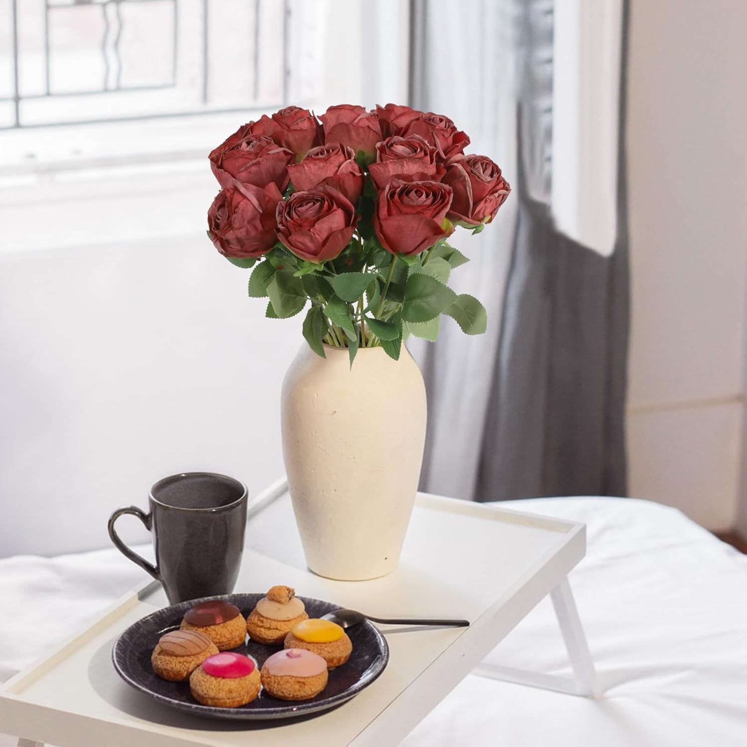 12 pcs Roses Artificial Flowers Vintage Red Burnt Edge Rose 20" Realistic Silk Roses Bouquet with Long Stem for Wedding Party Floral Centerpieces Decoration (Vintage Red)