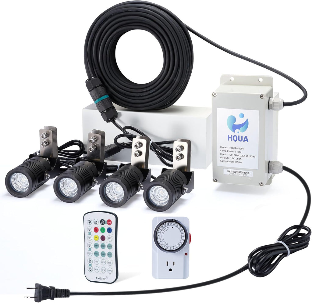 HQUA FSL01 120V AC LED RGB Color-Changing LED Fountain Light Sets, 4 Light Sets,with 100” Cord for HQUA-FS01 HQUA-FS02 Large Pond Floating Fountain