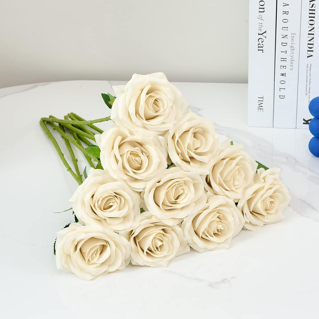 Artificial Rose 10pcs Open Flower Bouquet Faux Rose Stems for Wedding Arrangement, Bridal Bouquet, Centerpiece, Fake Faux Silk Flowers (Beige)