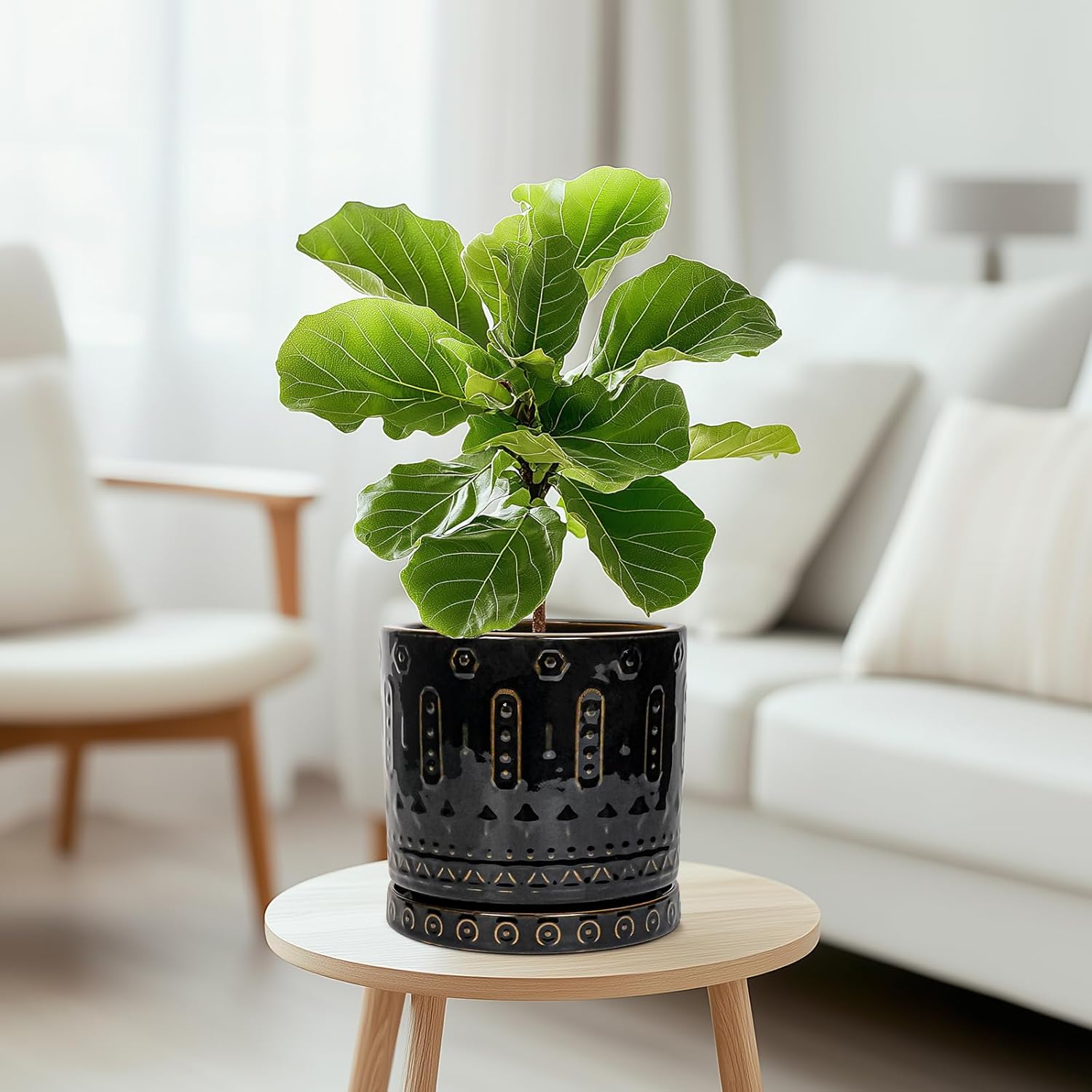 Ceramic Pot for Plants - 8 Inch Plant Pots Indoor with Drainage Hole and Saucer, Decorative Round Planter Outdoor, Boho Ceramic Planter for Flower, House Garden Decor, Gardening Gifts, Black