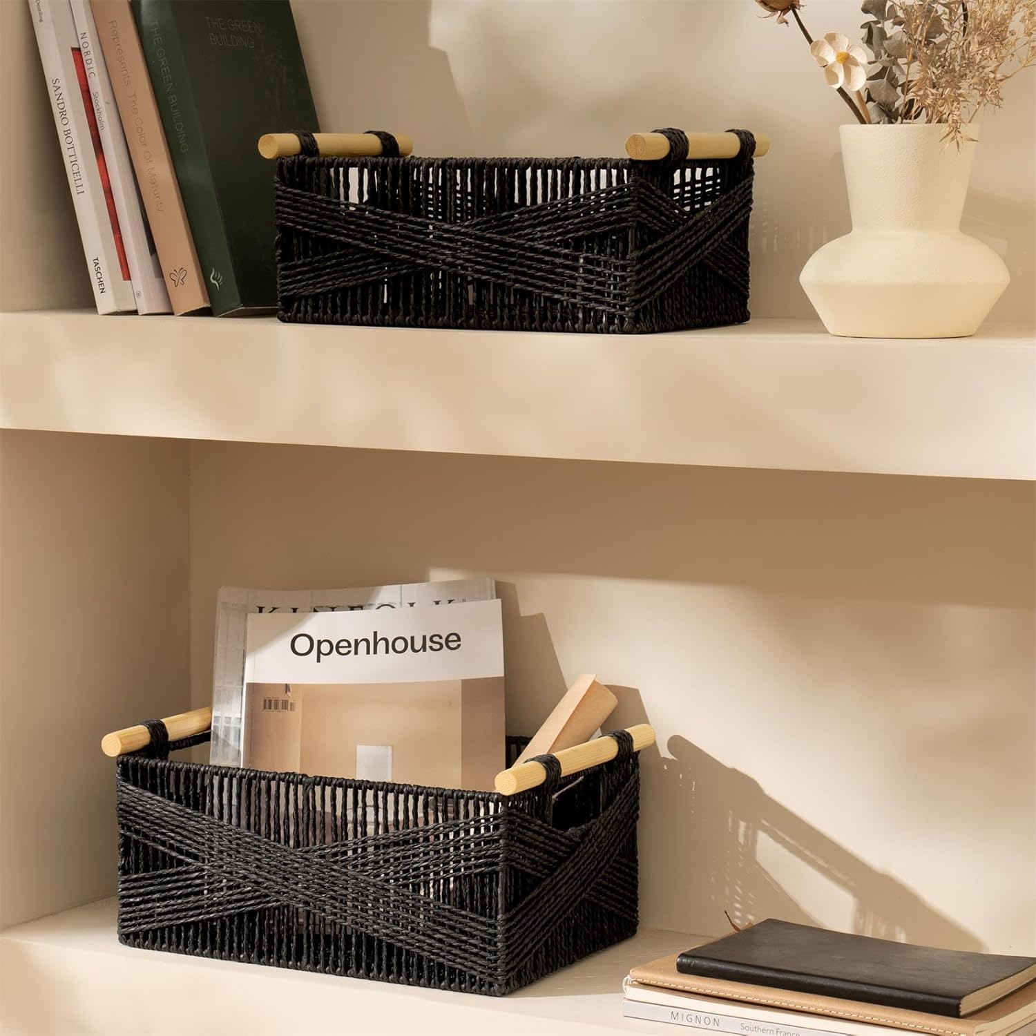 LA JOLIE MUSE Wicker Storage Baskets for Organizing, Recyclable Paper Rope Basket with Wood Handles, Decorative Hand Woven Basket Organizers for Makeup Books Shelves Living Room, Black, Set of 2