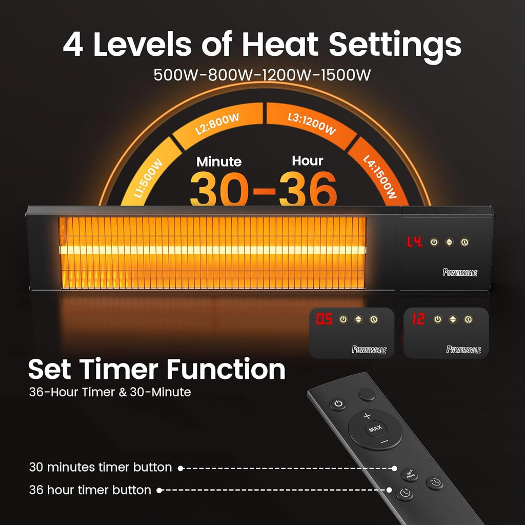 1500W Outdoor Heaters for Patio with 36H Timer, 0.5 Sec Instant Heating, Memory Function, Outdoor Heater, Black – Perfect Outdoor Heaters for Patio & Backyards