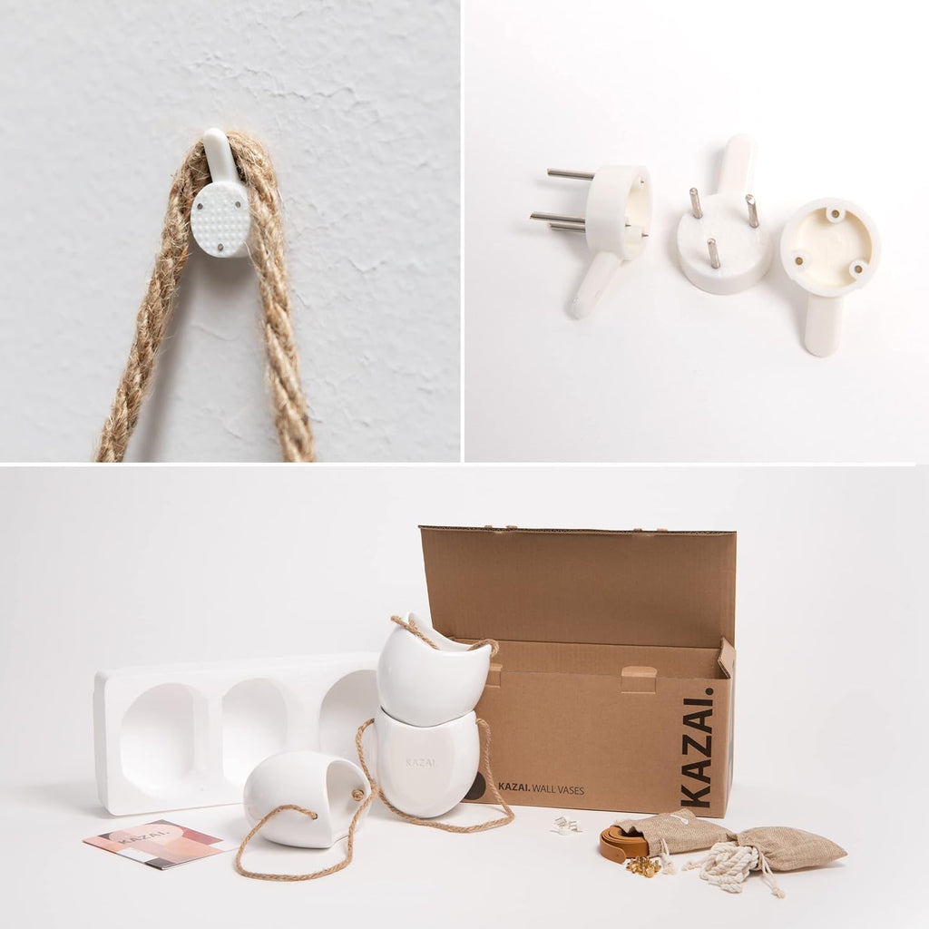 Kazai. Wall Planters -Ellie- | Hanging Ceramic Plant Pots 3 Pieces | Wall Decoration for Indoors, Balcony and Garden | White (Glossy)