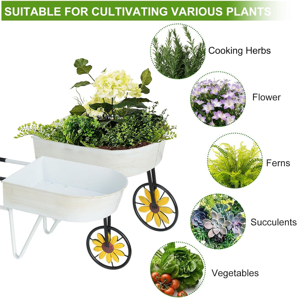 BAYN Metal Wheelbarrow Flower Cart Planter, 2 Packs Plant Stands with Triangular Support Handles Non-Rolling Wheel Vintage Wagon Planter Pots for Home Patio Garden Backyard Rustic Outdoor Decor