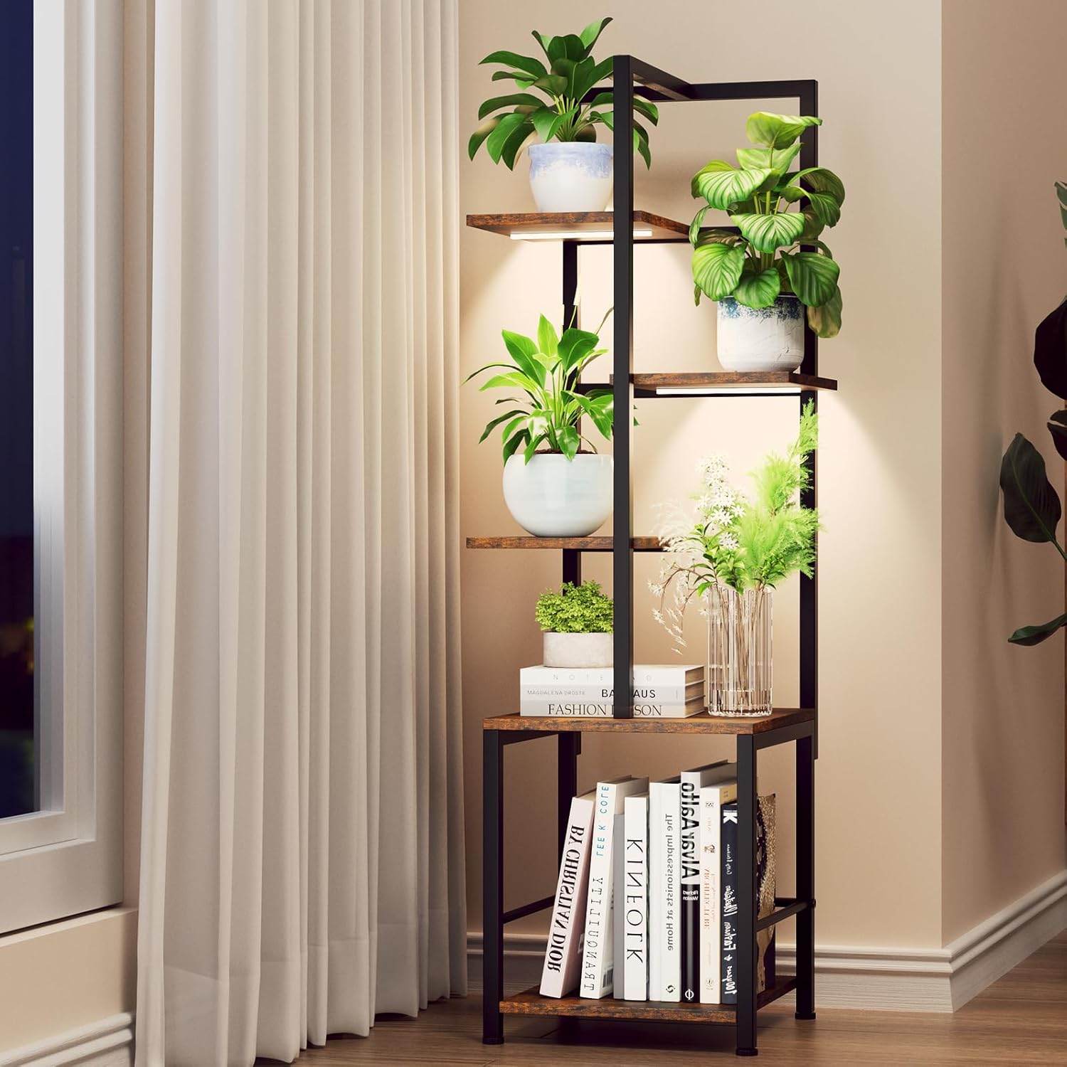 Plant Stand Indoor with Grow Light, 5-Tiered Tall Plant Stand Indoor, Metal Plant Shelf with Bookshelf Bookcase and Adjustable Light, Ideal for Living Room, Reading room, Garden, Patio (Brown)