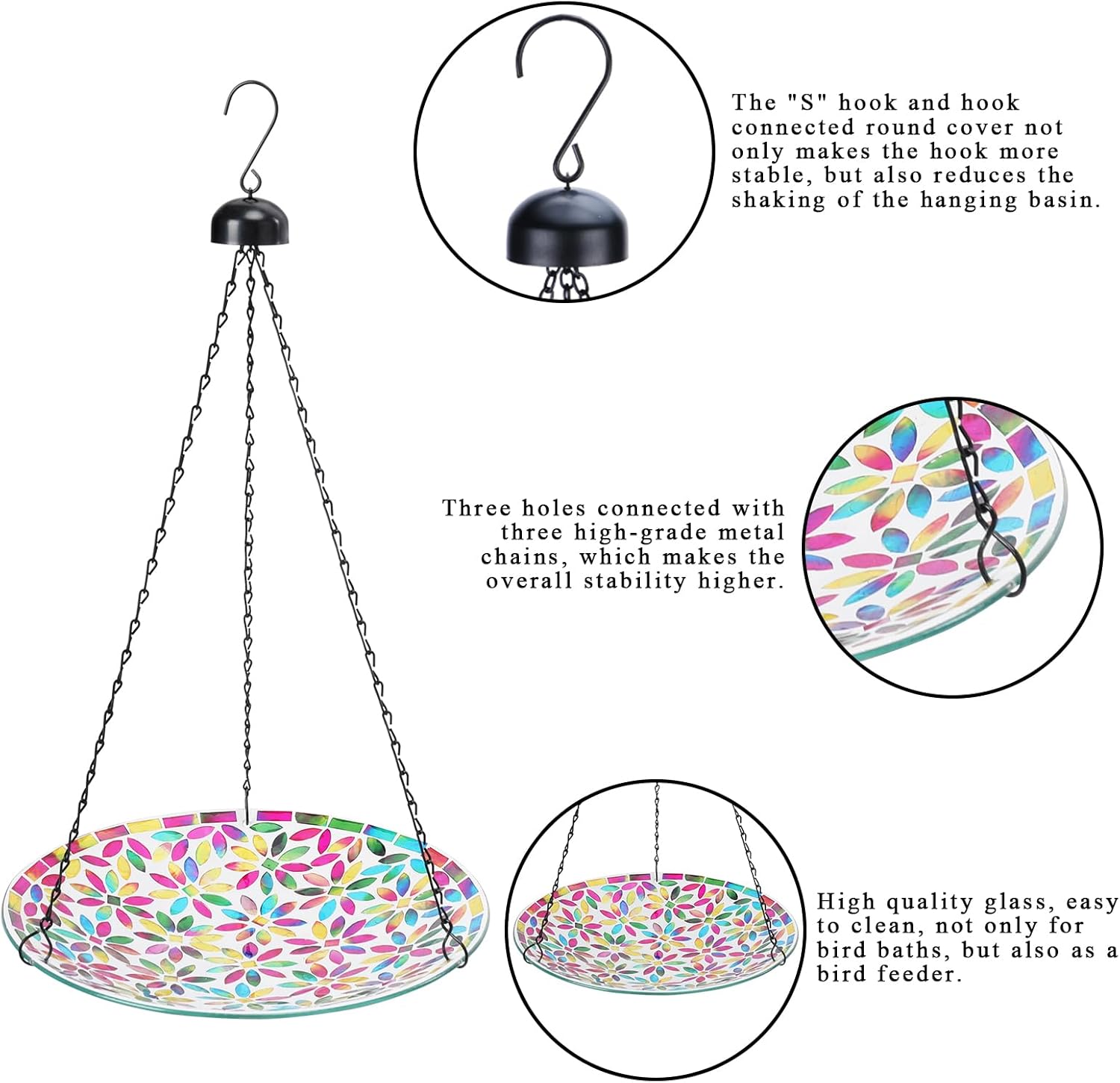 VCUTEKA Hanging Bird Bath, Glass Mosaic Bird Baths for Outdoors Birdfeeder with 21 inch Rust-Proof Chain for Garden Yard Decor