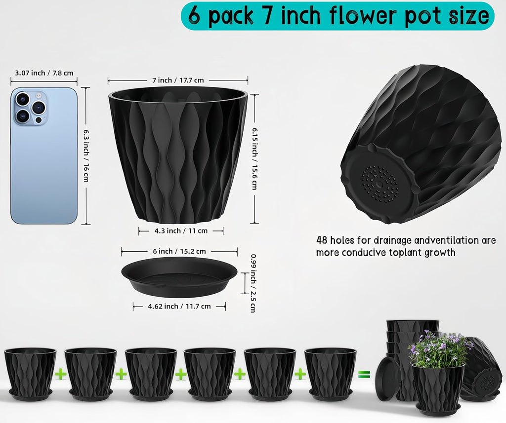 6 Pack 7 Inch Plant Pots with Drainage and Saucers, Black Plastic Flower Pots for Indoor and Outdoor Plants, Stackable Nursery Planters for Houseplants and Herbs, Black