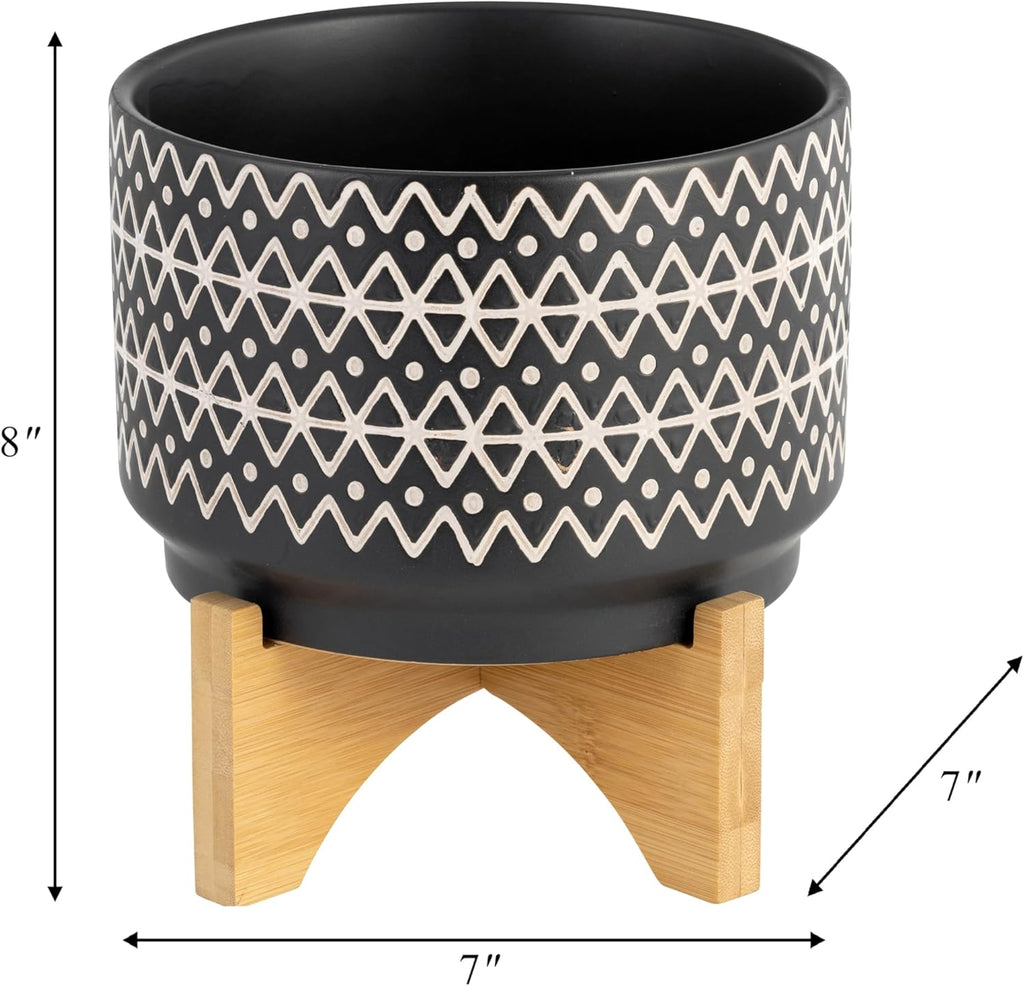 Ceramic Planter with Bamboo Stand – Modern Plant Pot with Geometric Pattern – Durable Stoneware Plant Holder for Indoor & Outdoor Plants – Stylish Boho Home Decor – 8", Black