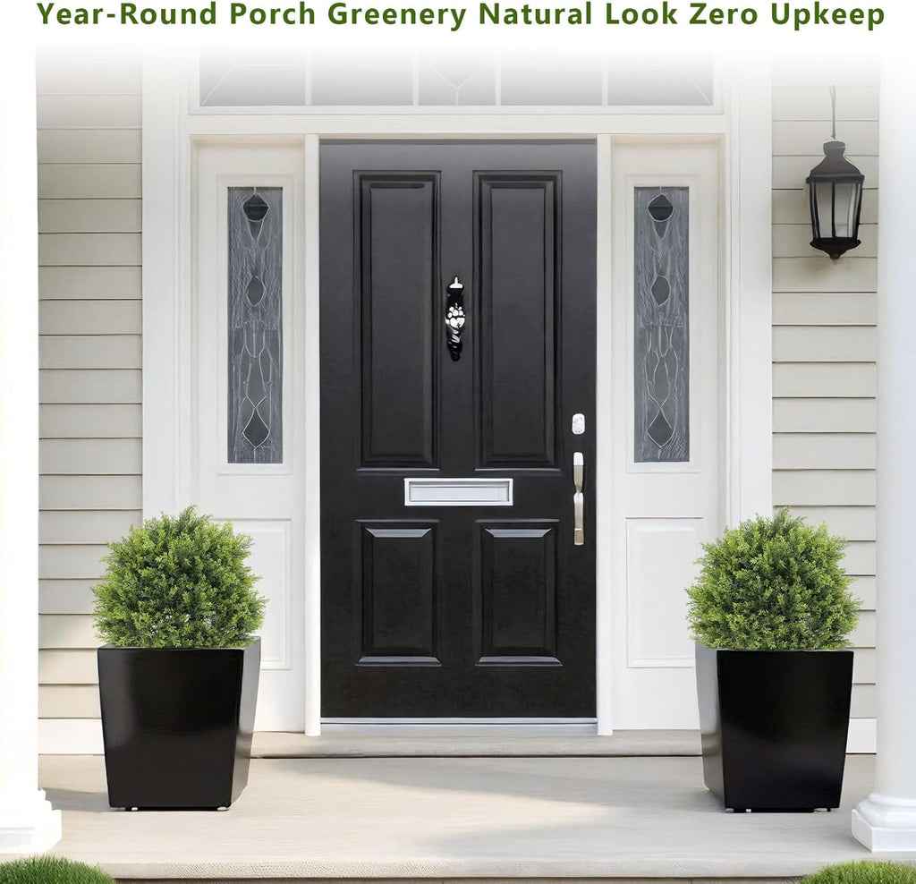 THE BLOOM TIMES 2ft Artificial Topiary Ball Trees Outdoor Set of 2, 24" Tall Faux Cedar Plants Outside UV Resistant Greenery Fake Evergreen Potted Bushes and Shrubs for Front Porch Patio Planter Decor