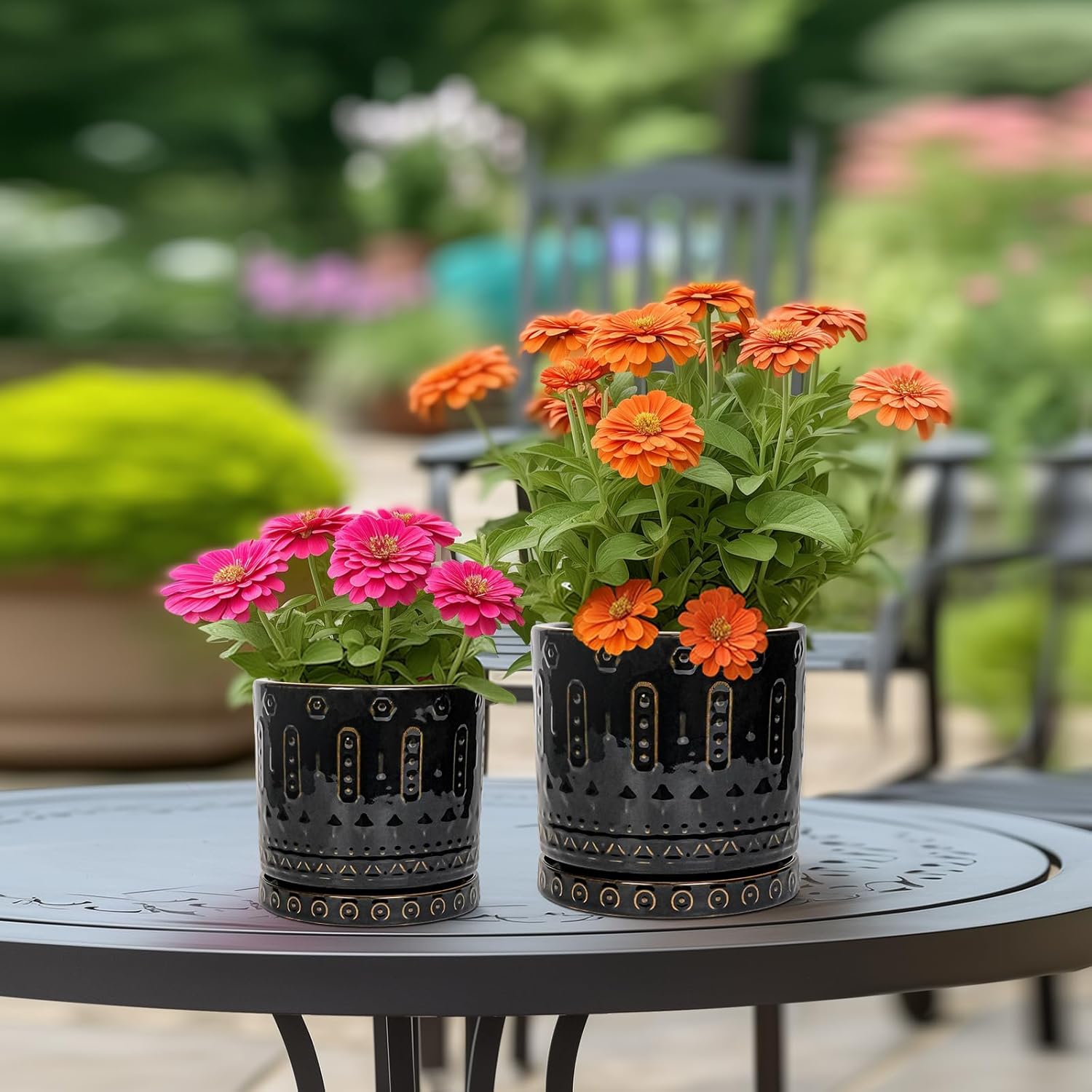 Ceramic Pot for Plants - 8 Inch Plant Pots Indoor with Drainage Hole and Saucer, Decorative Round Planter Outdoor, Boho Ceramic Planter for Flower, House Garden Decor, Gardening Gifts, Black