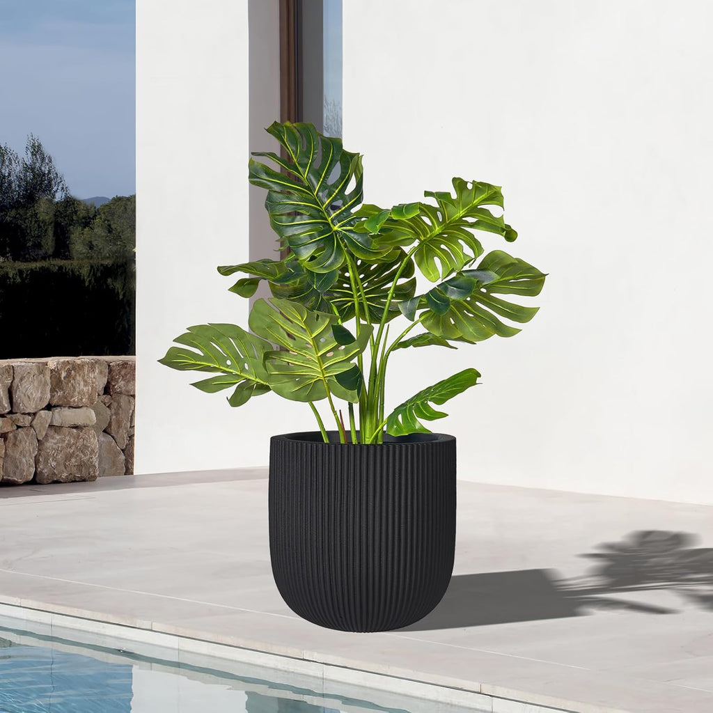 16 Inch Handmade Concrete Outdoor Planter - Classic Striped Design | Fiberglass & Composite Material | Durable for Commercial & Home Decor