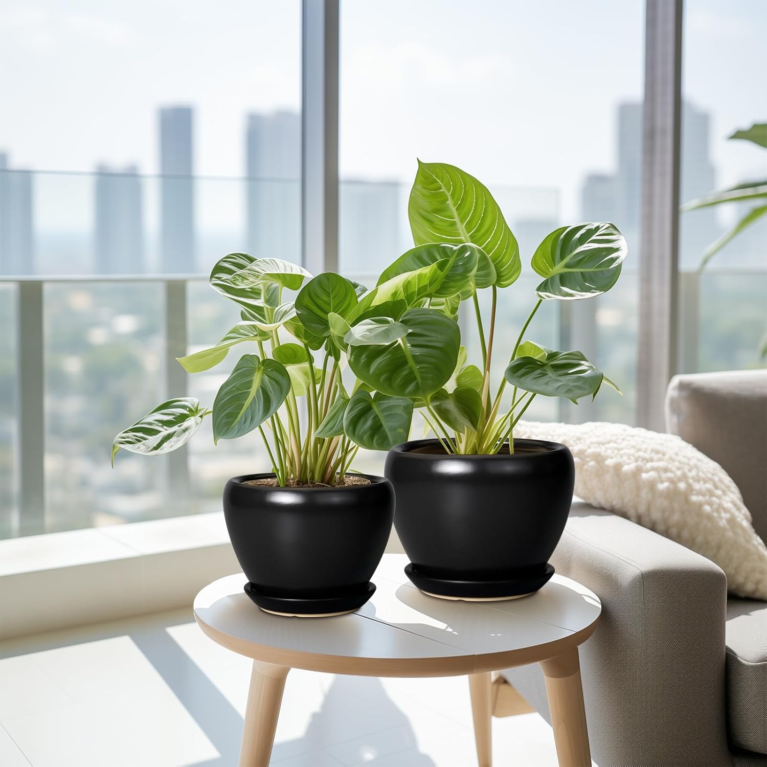 Ceramic Planters Pots - 10 Inch 8 Inch 6 Inch Plant Pots Indoor with Drainage Holes and Saucers Large Planters Mid-Century Flower Pots Outdoor Set of 3 Black
