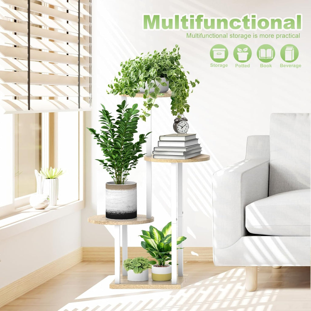 4 Tier Wood Tall Plant Stand Metal Rack Indoor, Multiple Flower Pot Holder Shelves Corner Rack, Round Planter Shelf Display Rack Storage Organizer for Patio Living Room Balcony(White Oak)