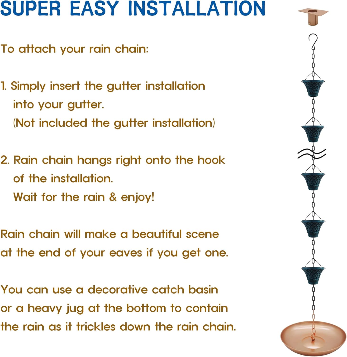 [Upgraded] 8.5FT Antique Sky Blue Colored Iron (Double-Sided) Rain Chains for Gutter and Rain Barrel, Rust-Resistant Plated Garden Décor Rain Chain for Downspout (not Included an Adapter)