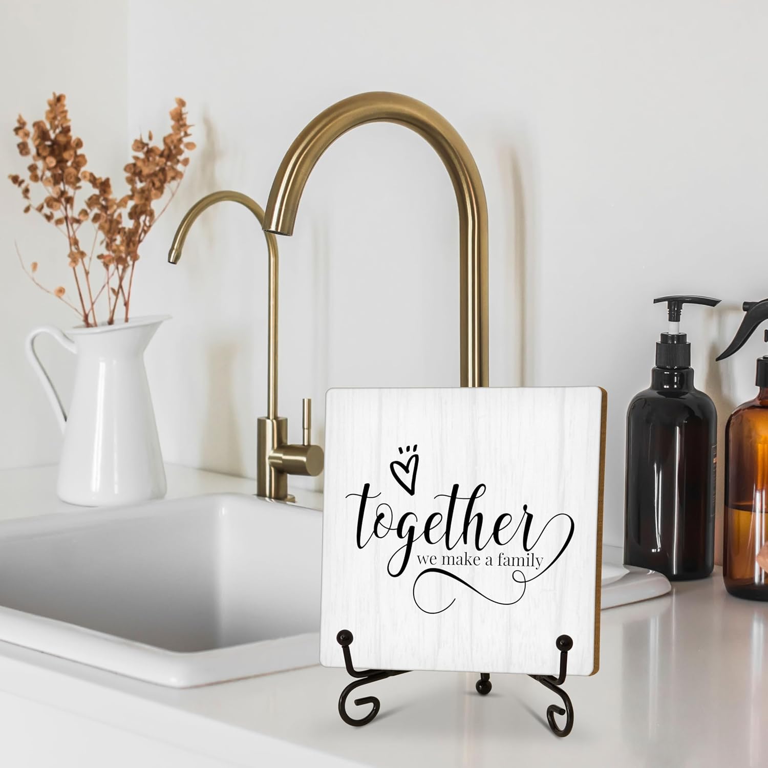 Eronm Desk Sign, Home Office Decor, Together We Make a Family, 5 inches Square Wood, Iron Sign, Perfect for Home, Office, Gifting