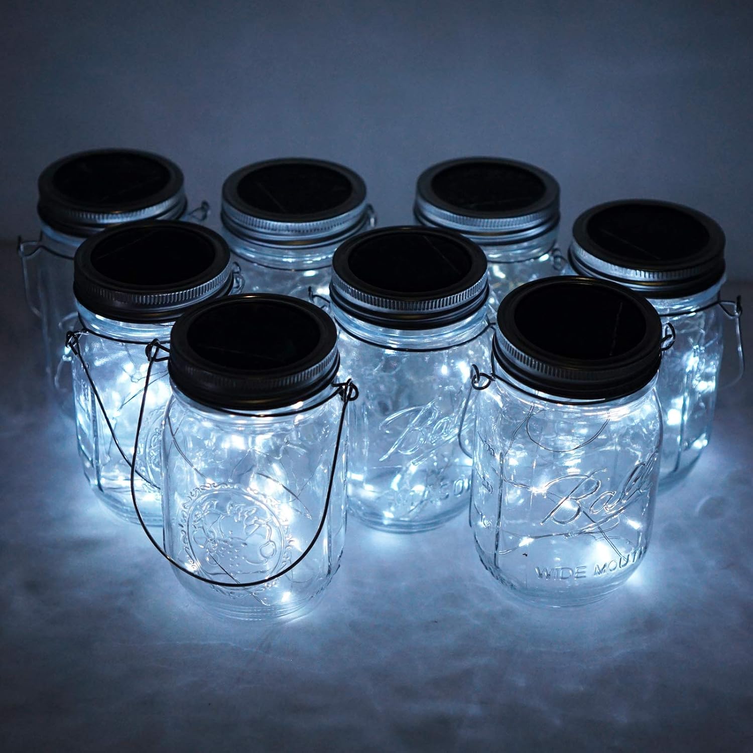 8 Pack Solar Mason Jar Lids Lights, 20 LED Waterproof Fairy Firefly String Lights with 8 Hangers (Jars Not Included), for Wedding, Outdoor, Lawn, Patio, Garden, Party, Christmas Decor (Cold White)