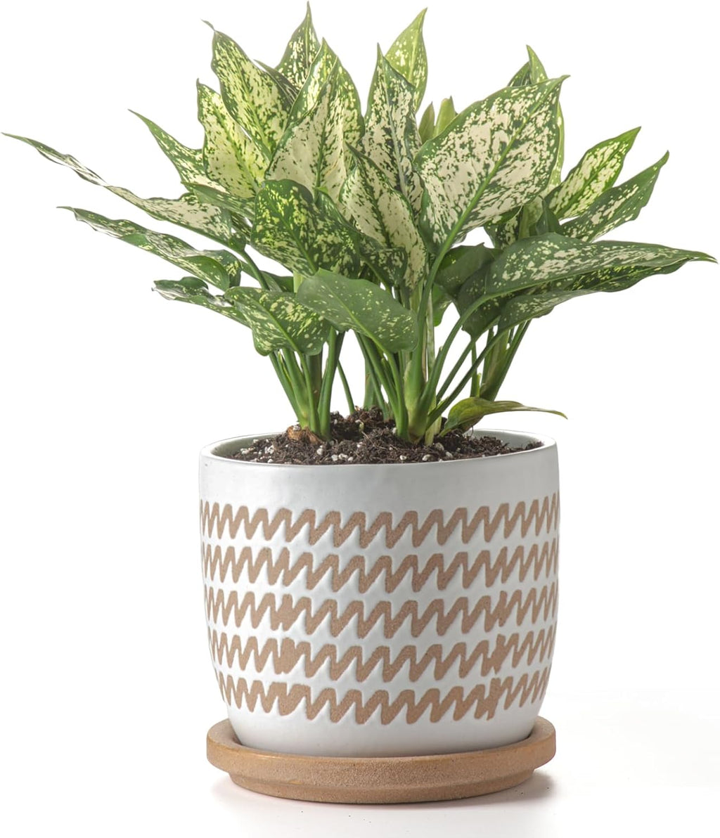Ceramic Flower Pots Indoor-Outdoor: 7.75 Inch Large Planters with Drainage Holes & Saucer - Modern Decorative Plant Pots Ceramic for Home Gardeners (Wave)