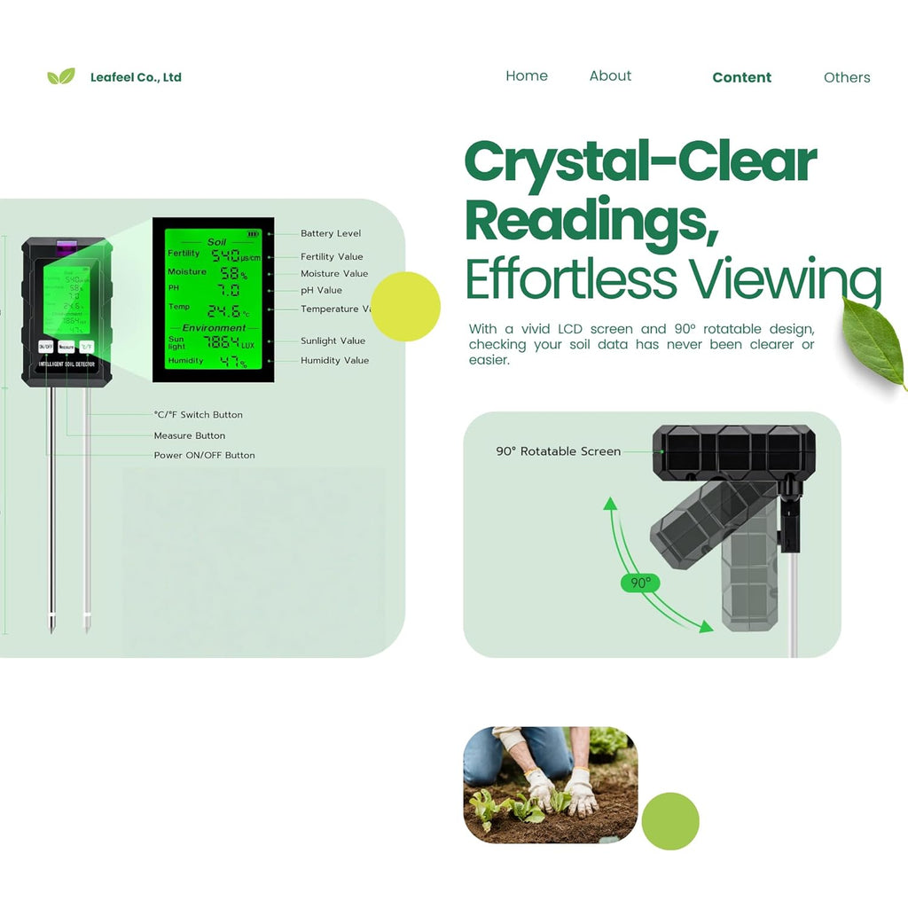 6-in-1 Soil Moisture Meter/Soil PH Tester with LCD Display: pH, Plant Temperature, Moisture, Sunlight, Air Humidity & Soil Fertility Meter for Gardening, Farming, Lawn & Indoor/Outdoor Plants