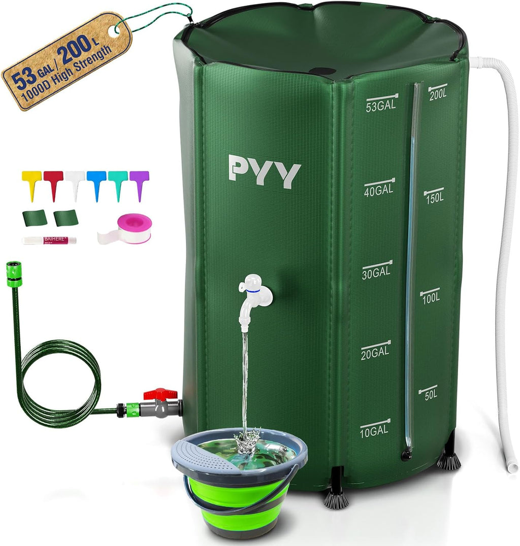 PYY Rain Water Collection Barrel - 53 Gallon Green Water Storage Tank with Spigots, Hose and Portable Bucket, Large Plastic Collapsible Rain Catcher Catchment System to Collect Rainwater from Gutter