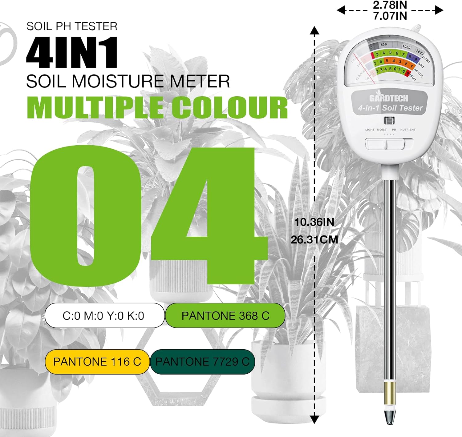 Gardtech Soil Moisture Meter - 4-in-1 Soil Test Kit Without Battery, Soil Moisture/Light/Nutrients/pH Meter for Plant, Garden, Lawn, Indoor & Outdoor (White)