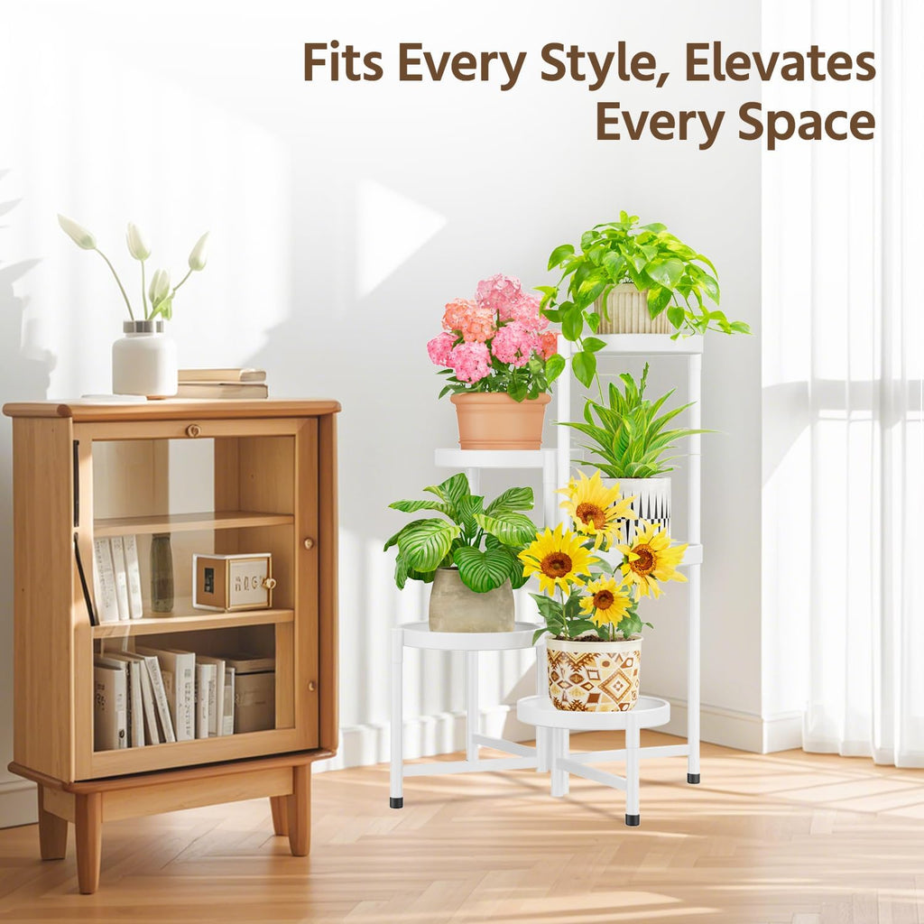 LASZOLA 5 Tiered Folding Plant Stand Indoor for Multiple Large Planter, Tall Heavy Duty Adjustable Rack with Rust Proof 10 Inch Wide Tray, Sturdy Vertical Tree Organizer for Narrow Inside Floor, White
