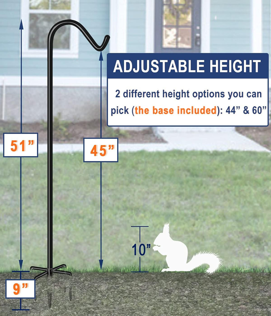 Shepherds Hook for Outdoor Bird Feeders Pole 60 Inch Tall, Adjustable Heavy Duty Garden Hanger Stake Pole with 5 Prong Base, Shiny Black (2 Packs)